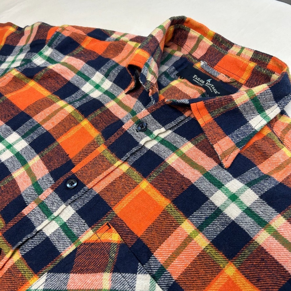 Tailor Vintage Flannel Shirt Mens XL Orange Blue Plaid Button Up Casual Cotton